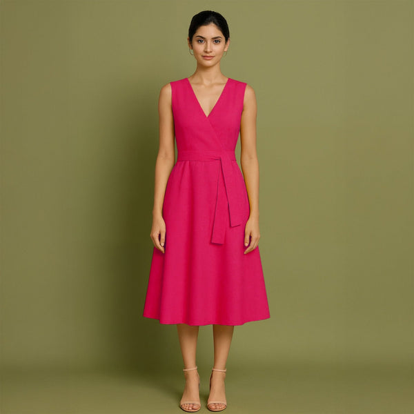 Pink Cotton Poplin Fit and Flare Sleeveless Midi Dress
