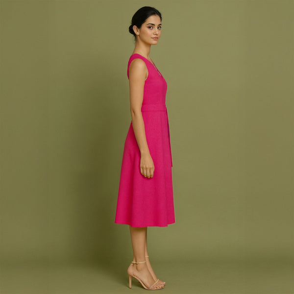 Pink Cotton Poplin Fit and Flare Sleeveless Midi Dress