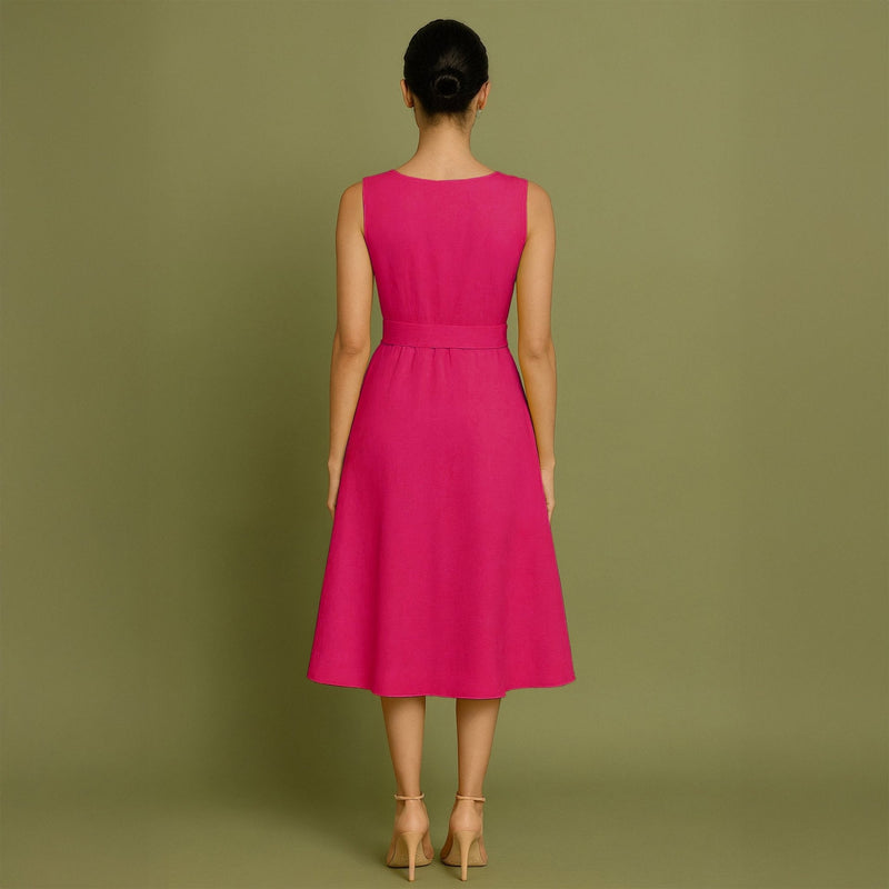 Pink Cotton Poplin Fit and Flare Sleeveless Midi Dress