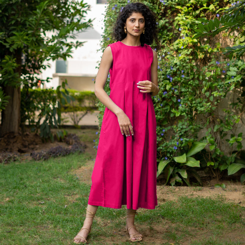 Pink Cotton Poplin Flared Midi Sleeveless Jumpsuit