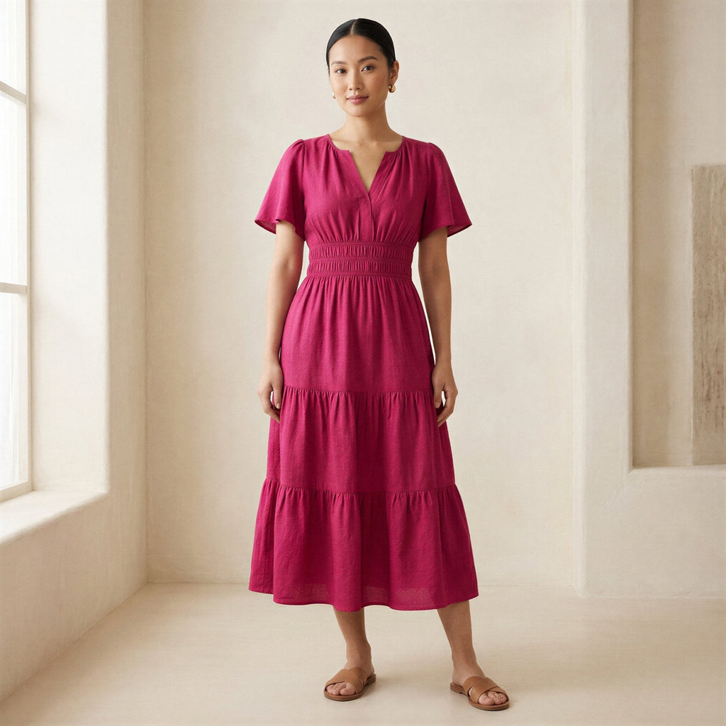 Pink Cotton Poplin Flutter Sleeve Tie-Back Tiered Midi Dress