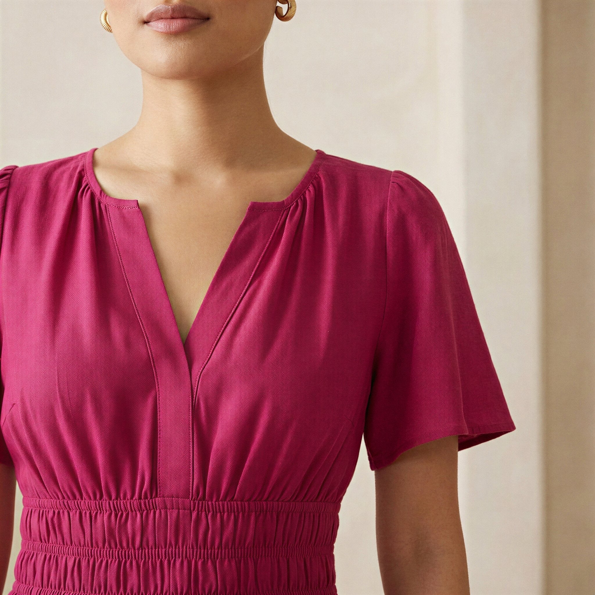 Pink Cotton Poplin Flutter Sleeve Tie-Back Tiered Midi Dress