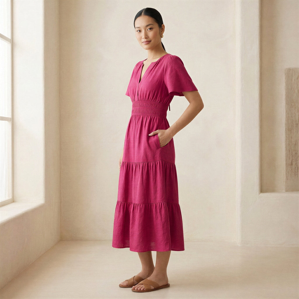 Pink Cotton Poplin Flutter Sleeve Tie-Back Tiered Midi Dress
