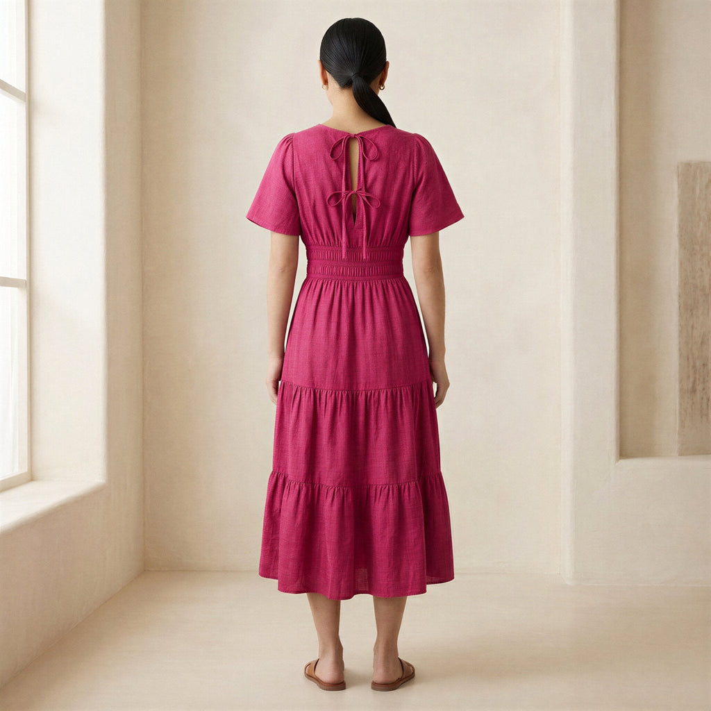 Pink Cotton Poplin Flutter Sleeve Tie-Back Tiered Midi Dress