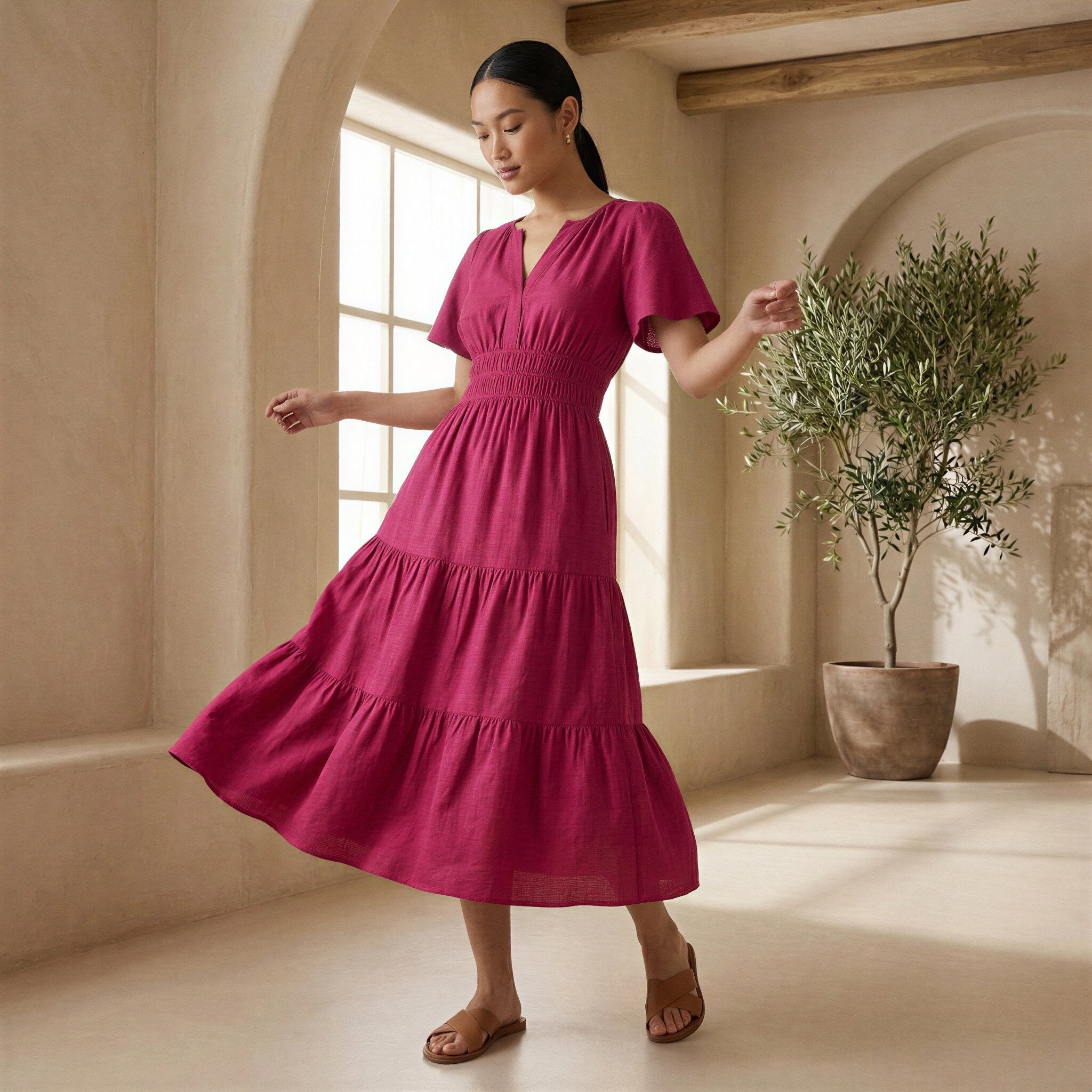 Pink Cotton Poplin Flutter Sleeve Tie-Back Tiered Midi Dress