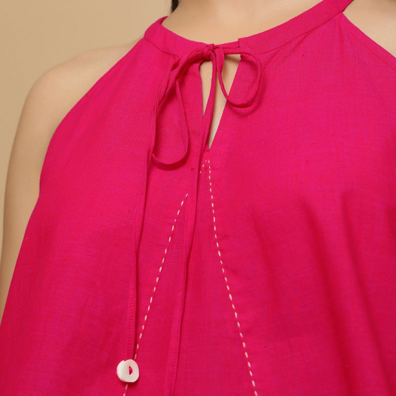 Pink Cotton Poplin Halter Neck Flared Top