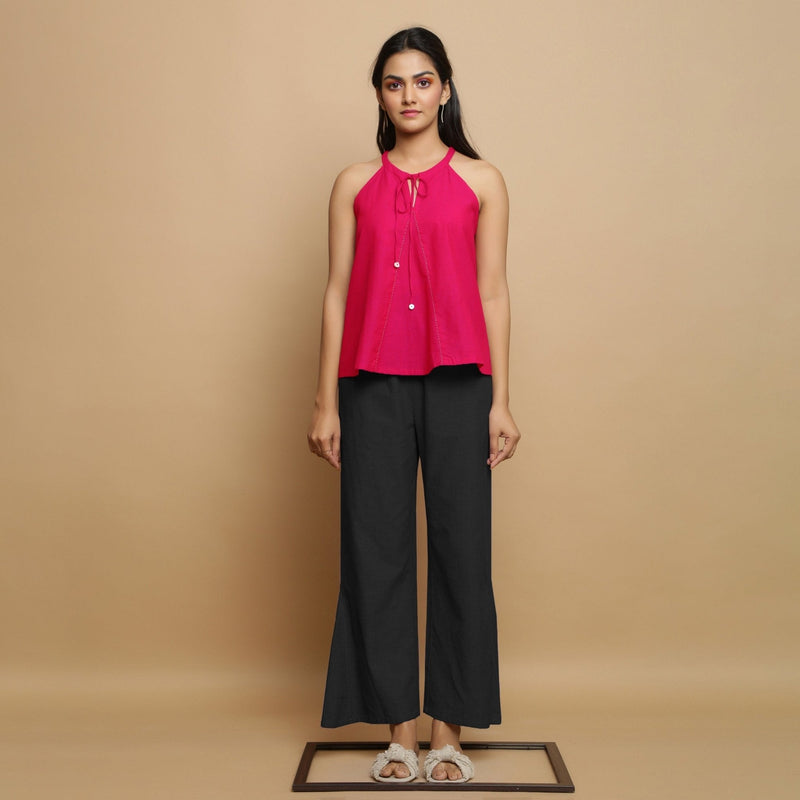 Pink Cotton Poplin Halter Neck Flared Top