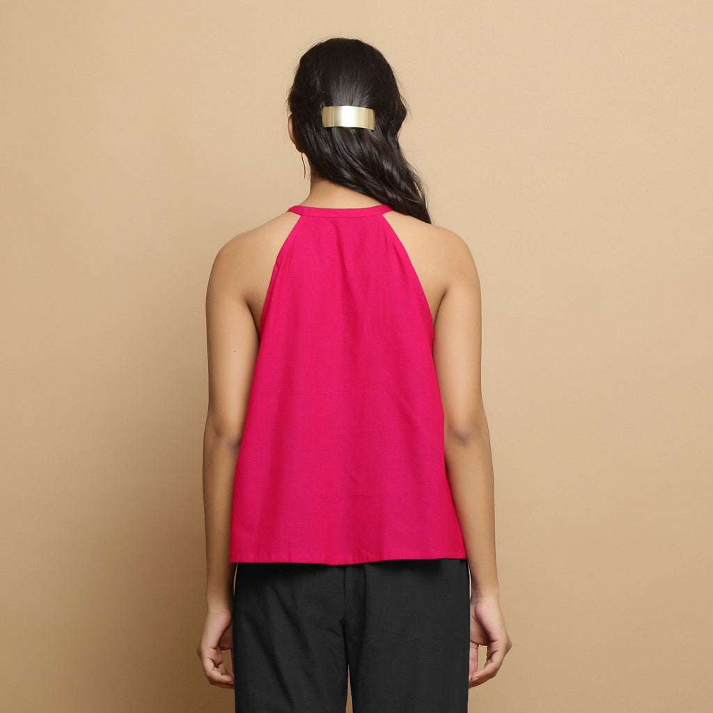 Pink Cotton Poplin Halter Neck Flared Top