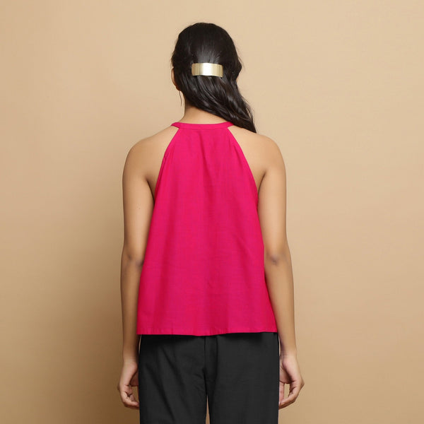 Pink Cotton Poplin Halter Neck Flared Top