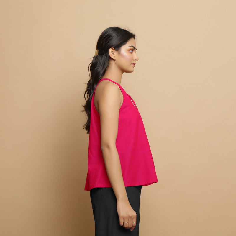 Pink Cotton Poplin Halter Neck Flared Top