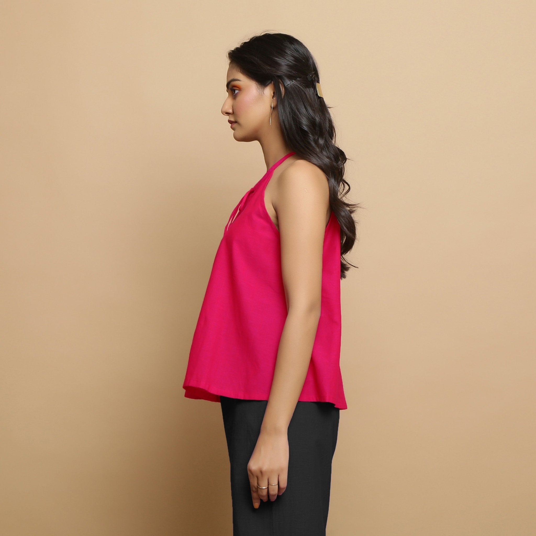 Pink Cotton Poplin Halter Neck Flared Top