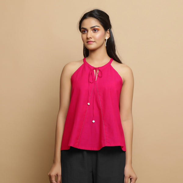 Pink Cotton Poplin Halter Neck Flared Top