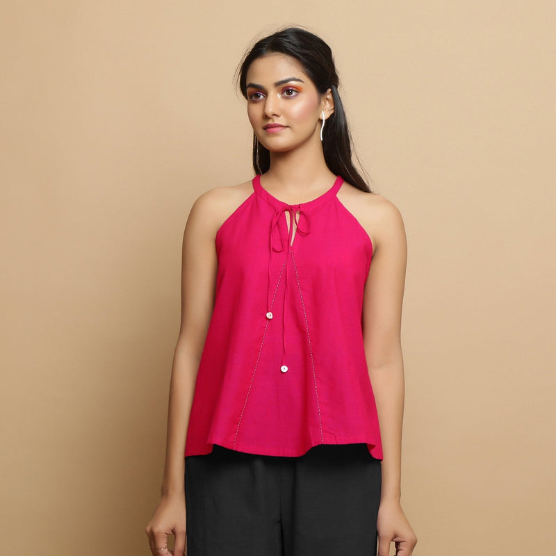 Pink Cotton Poplin Halter Neck Flared Top