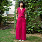 Pink Cotton Poplin High-Rise Elasticated Wide Legged Cargo Pant