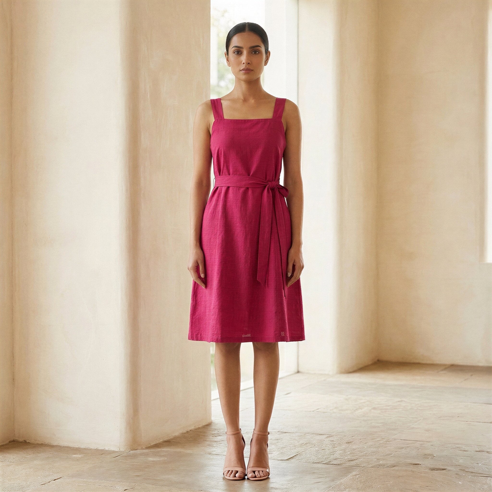 Pink Cotton Poplin Knee Length Princess Line Dress