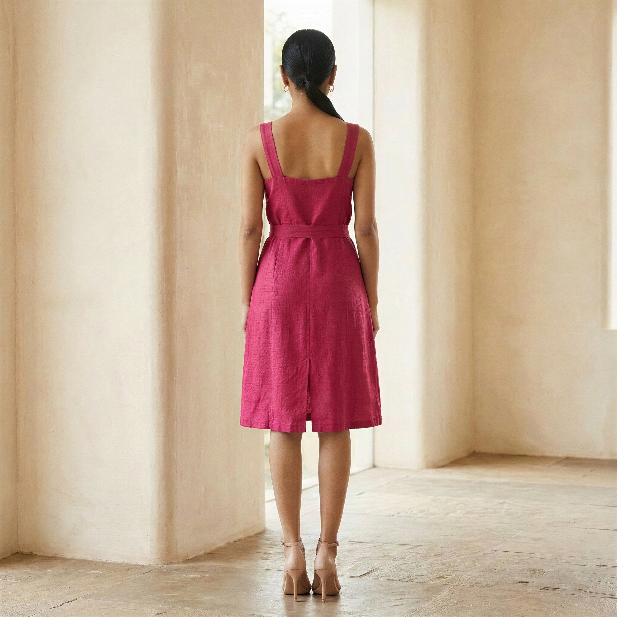 Pink Cotton Poplin Knee Length Princess Line Dress
