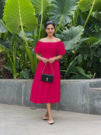 Pink Cotton Poplin Midi Off-Shoulder Dress