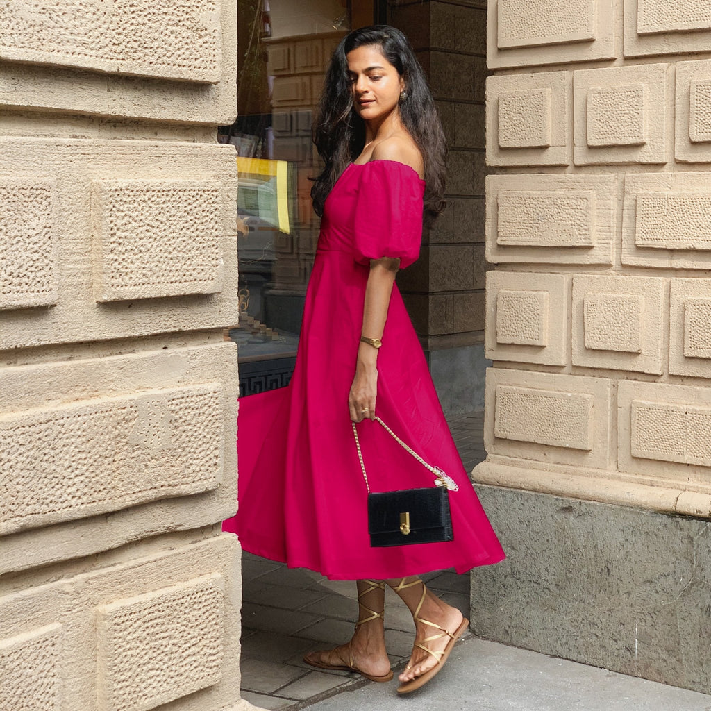Pink Cotton Poplin Midi Off-Shoulder Dress