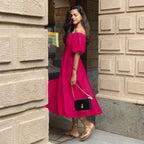 Pink Cotton Poplin Midi Off-Shoulder Dress