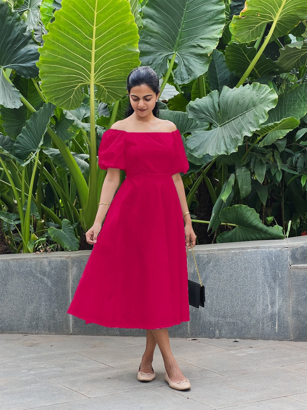 Pink Cotton Poplin Midi Off-Shoulder Dress