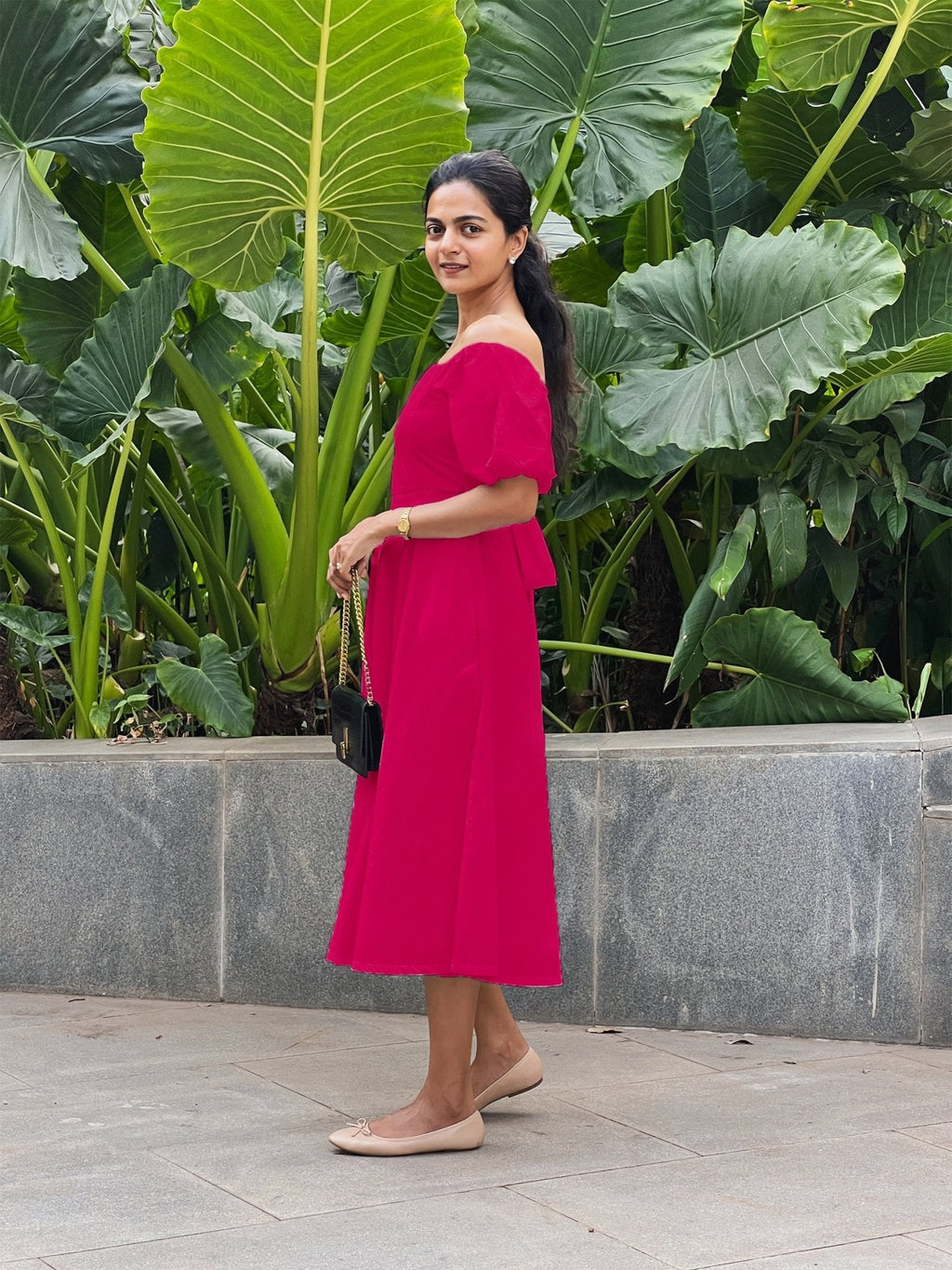 Pink Cotton Poplin Midi Off-Shoulder Dress