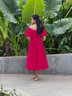 Pink Cotton Poplin Midi Off-Shoulder Dress