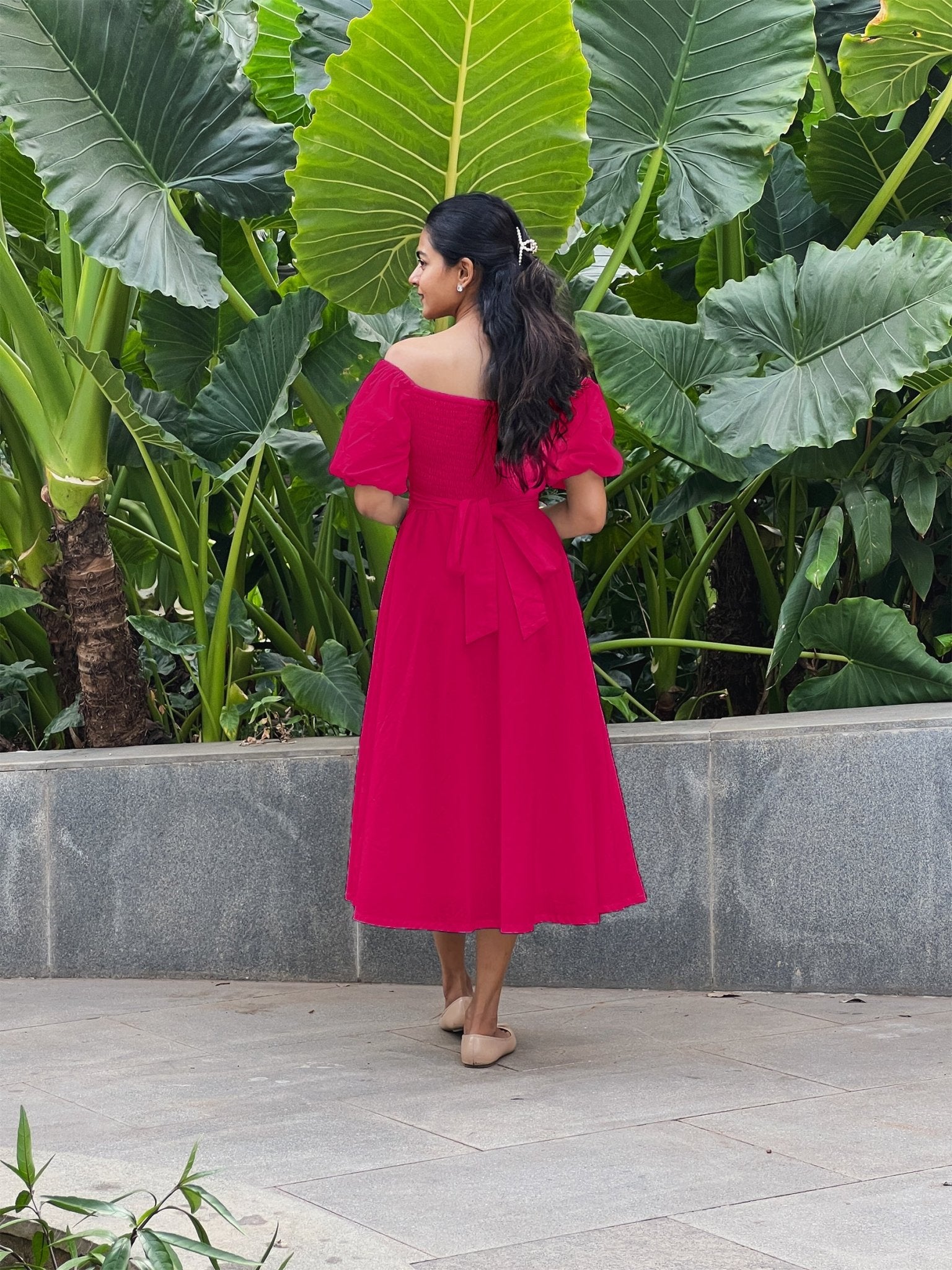 Pink Cotton Poplin Midi Off-Shoulder Dress