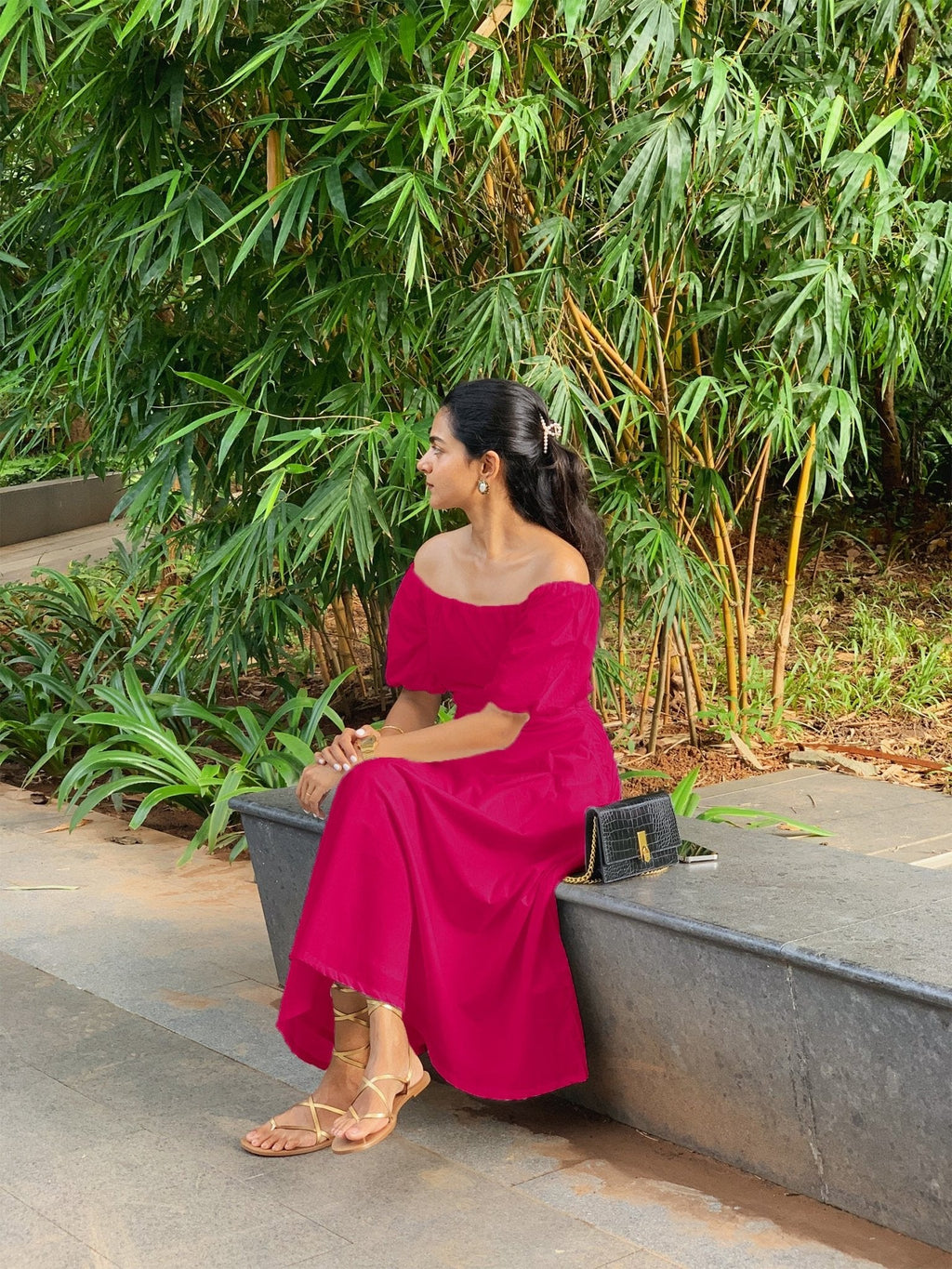 Pink Cotton Poplin Midi Off-Shoulder Dress