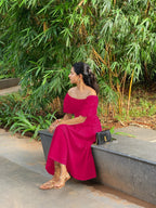 Pink Cotton Poplin Midi Off-Shoulder Dress