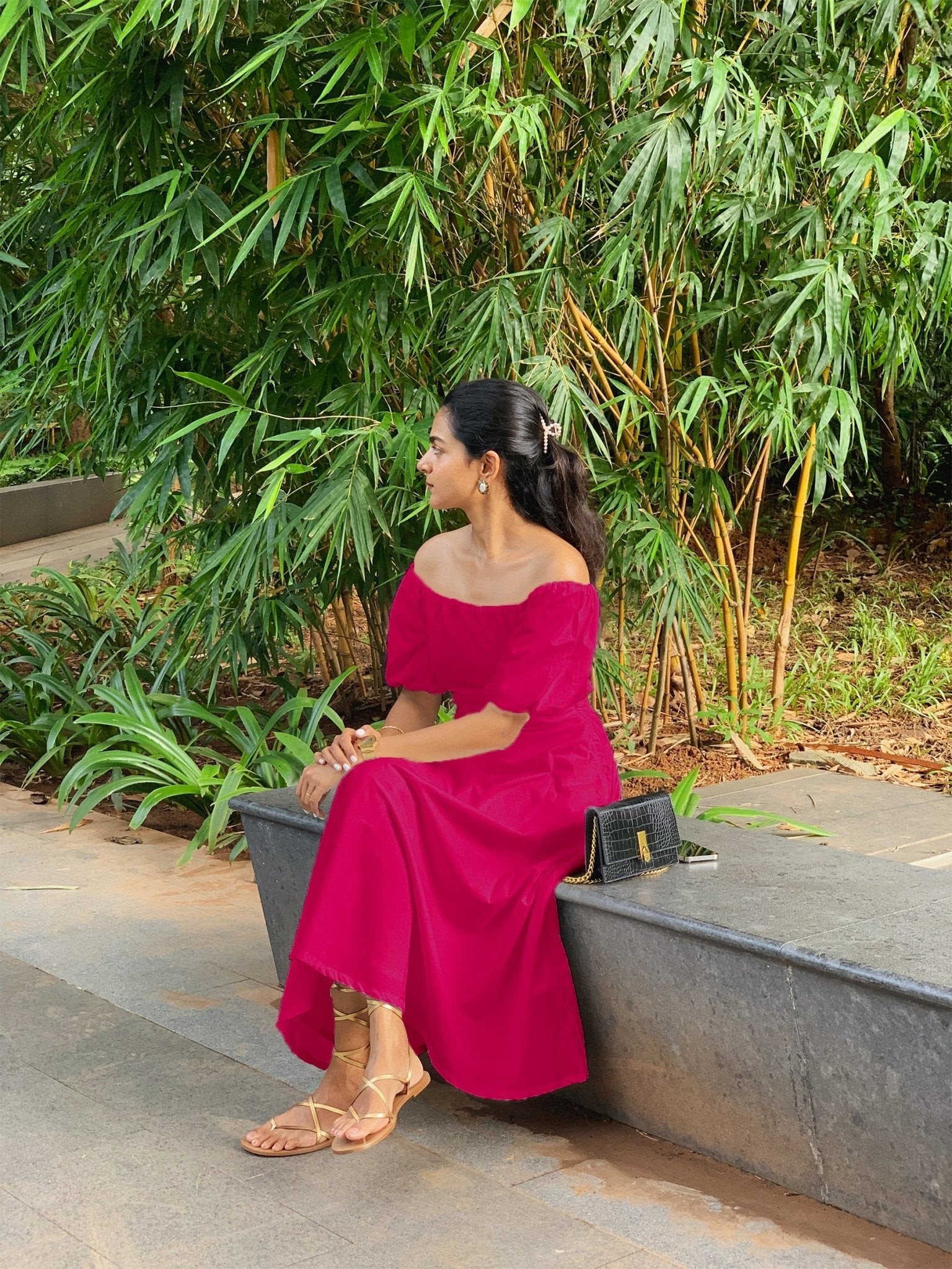 Pink Cotton Poplin Midi Off-Shoulder Dress