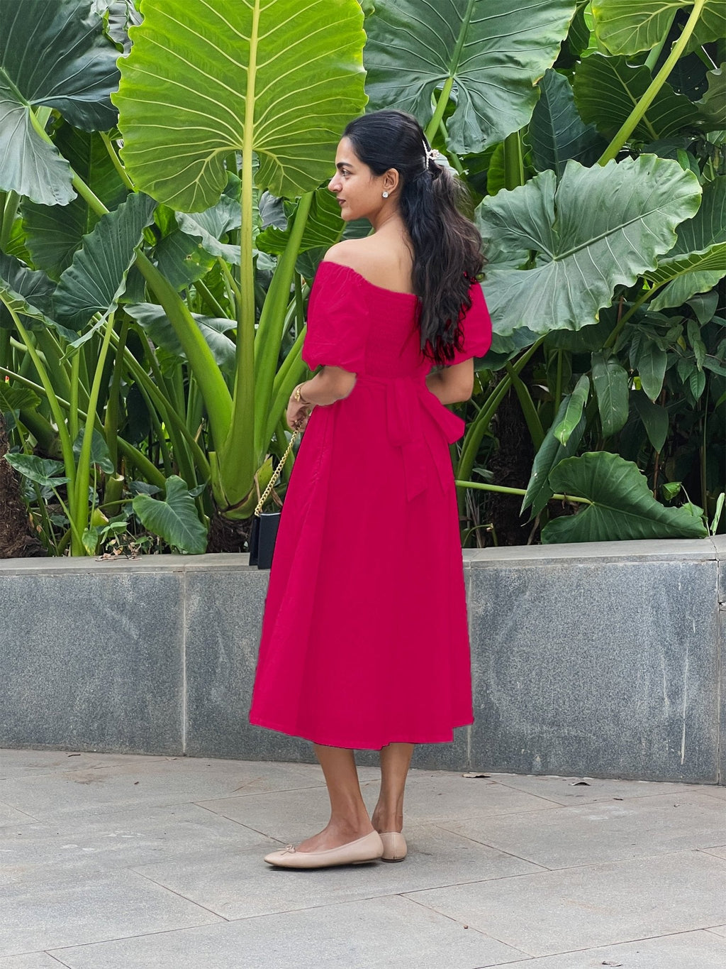 Pink Cotton Poplin Midi Off-Shoulder Dress