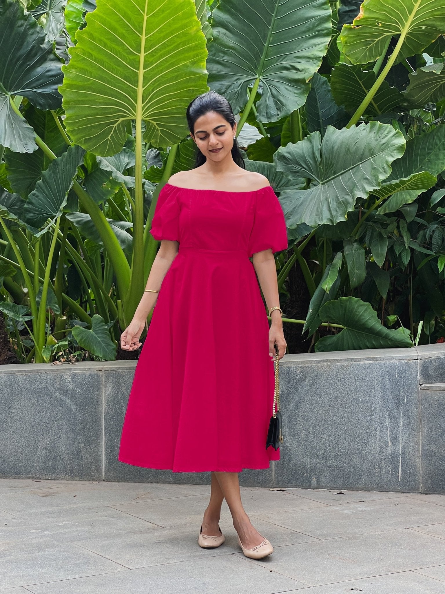 Pink Cotton Poplin Midi Off-Shoulder Dress