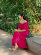Pink Cotton Poplin Midi Off-Shoulder Dress
