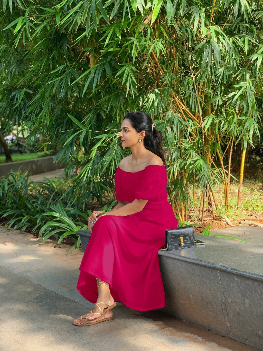 Pink Cotton Poplin Midi Off-Shoulder Dress