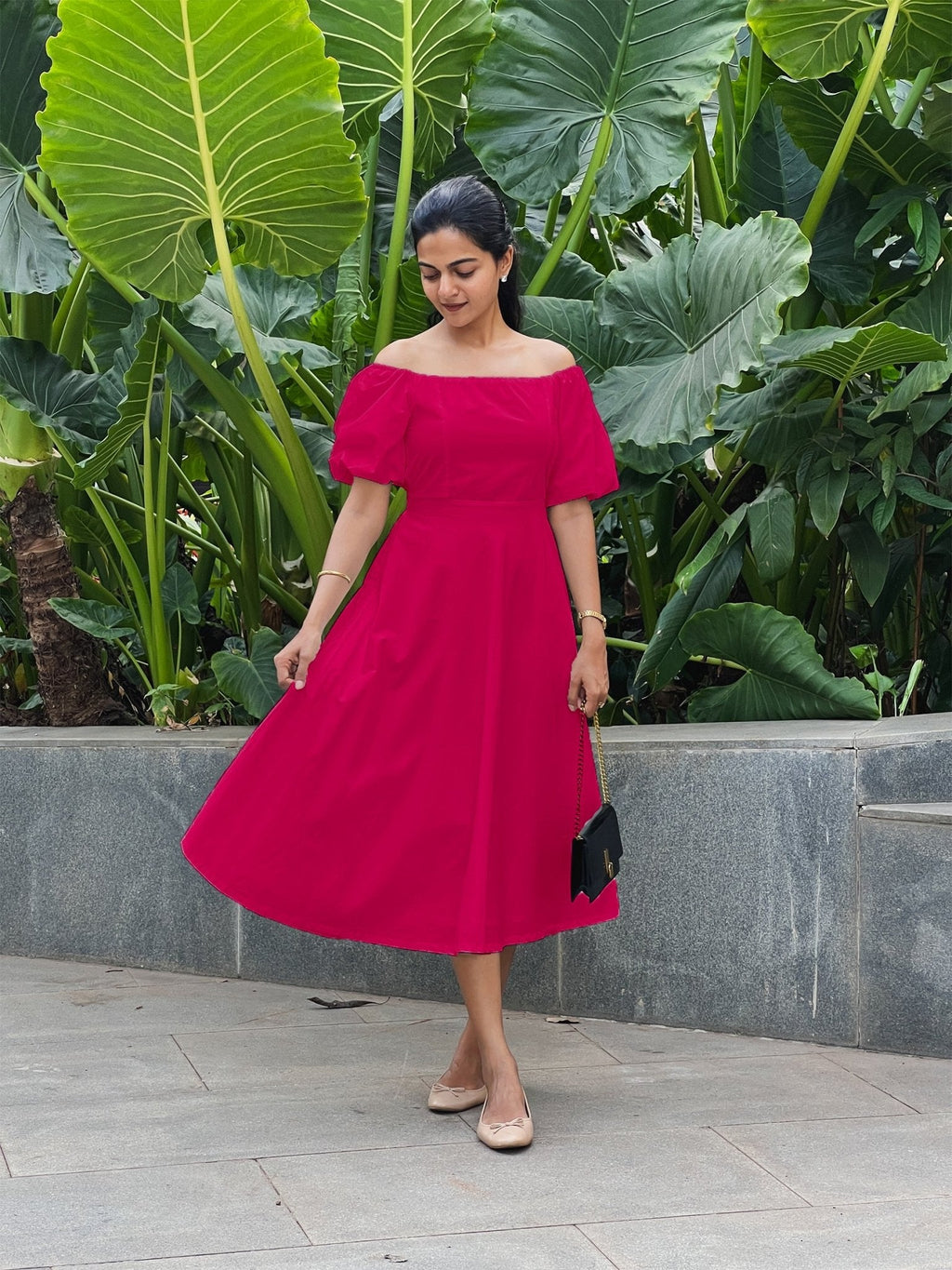 Pink Cotton Poplin Midi Off-Shoulder Dress