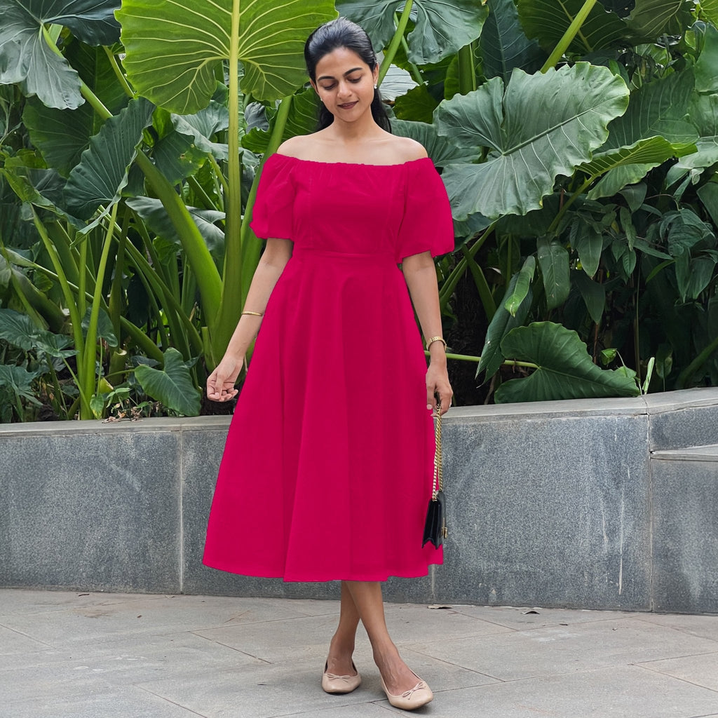 Pink Cotton Poplin Midi Off-Shoulder Dress