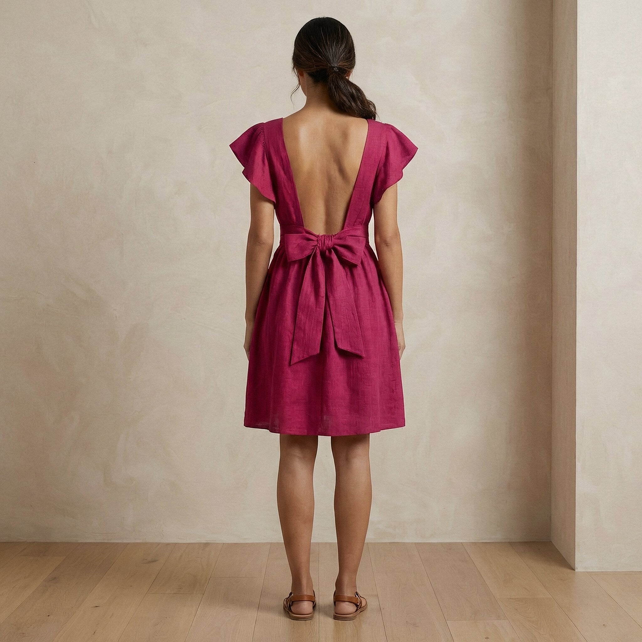 Pink Cotton Poplin Open-Back Fit and Flare Knee Length Dress