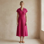 Pink Cotton Poplin Paneled A-Line Midi Dress