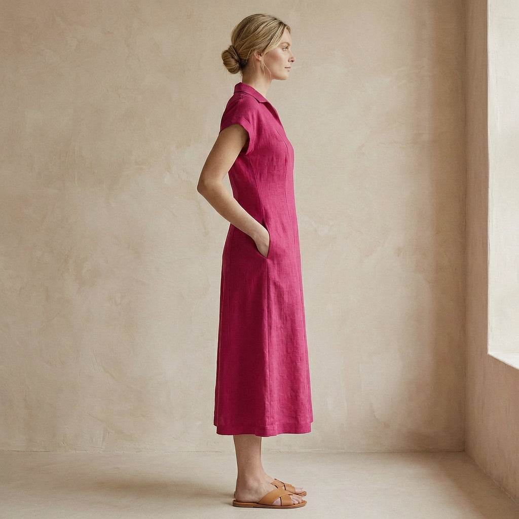 Pink Cotton Poplin Paneled A-Line Midi Dress
