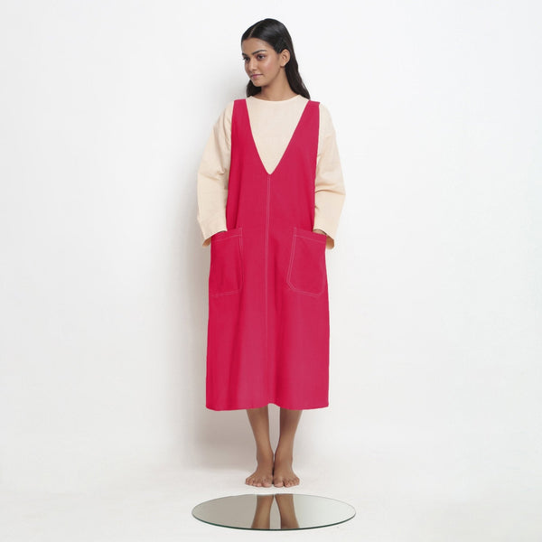 Pink Cotton Poplin Paneled Midi Shift Dress