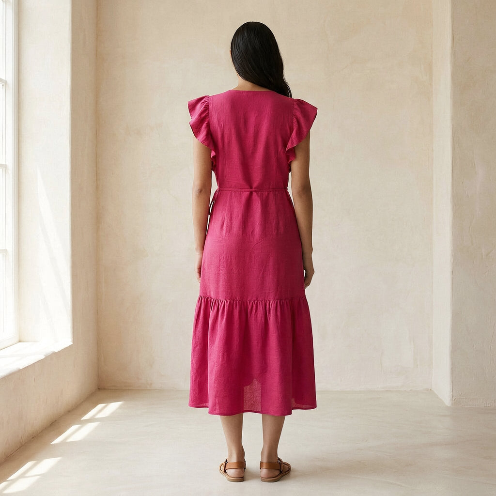 Pink Cotton Poplin Ruffle Midi Wrap Dress