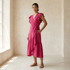 Pink Cotton Poplin Ruffle Midi Wrap Dress