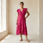 Pink Cotton Poplin Ruffle Midi Wrap Dress