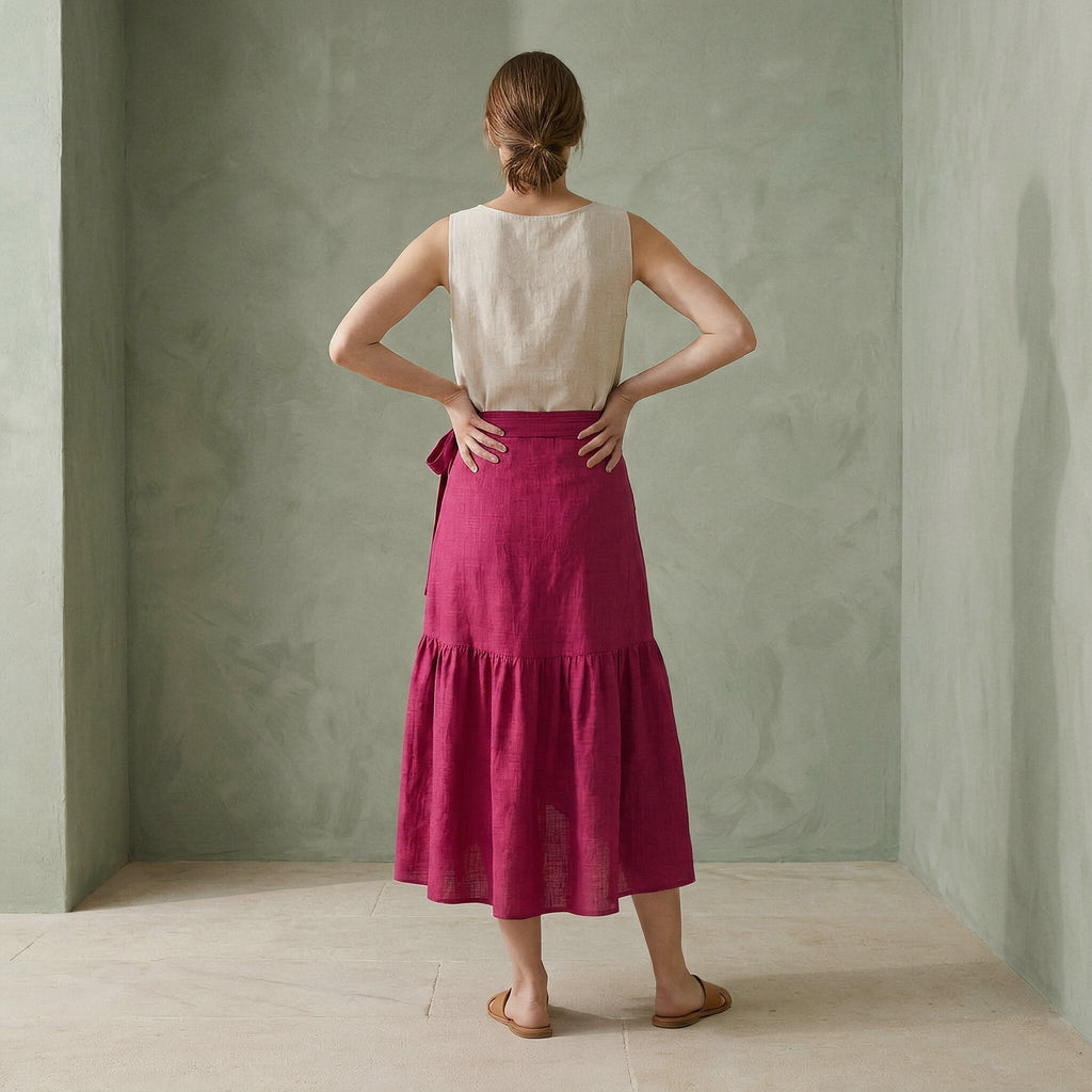 Pink Cotton Poplin Ruffle Midi Wrap Skirt