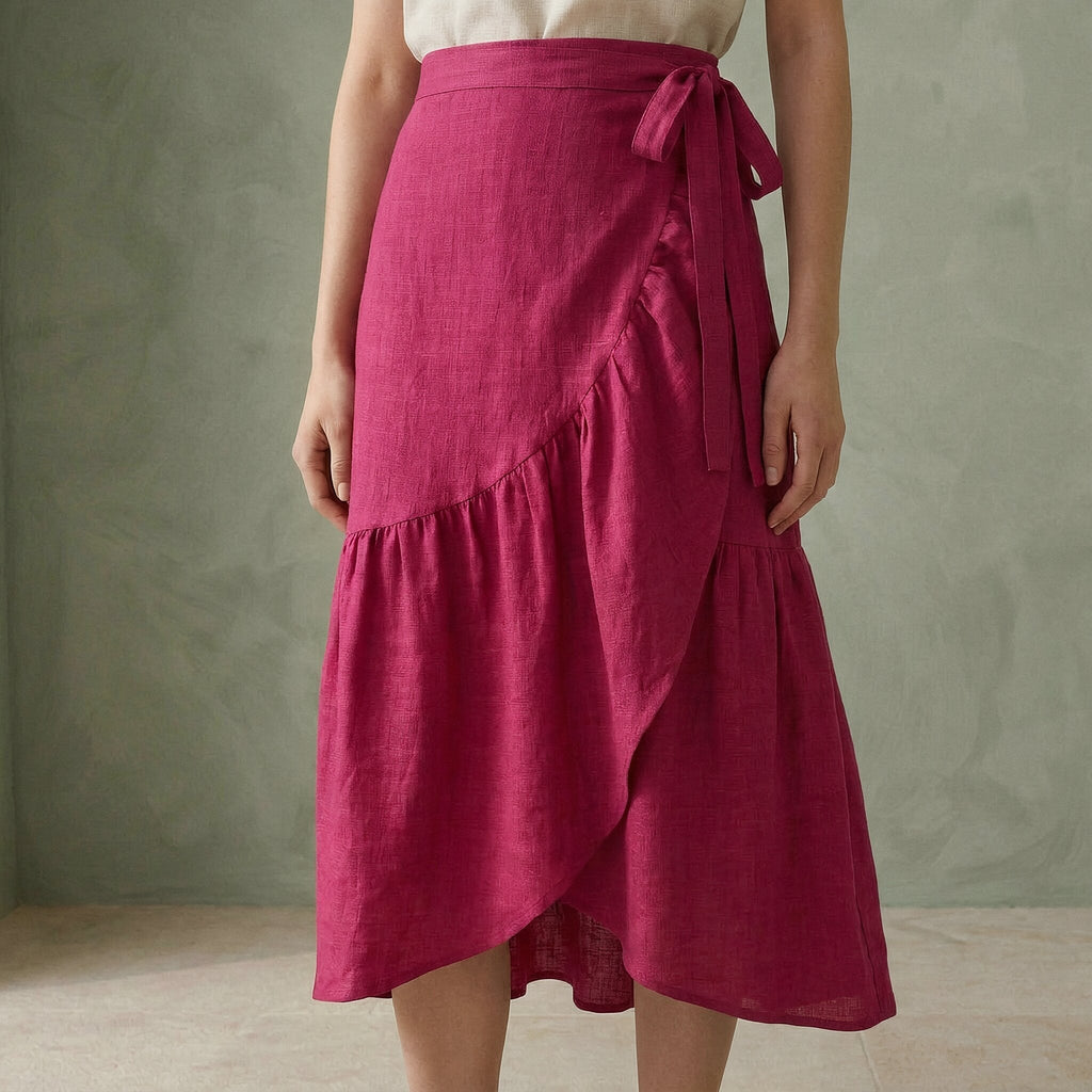 Pink Cotton Poplin Ruffle Midi Wrap Skirt