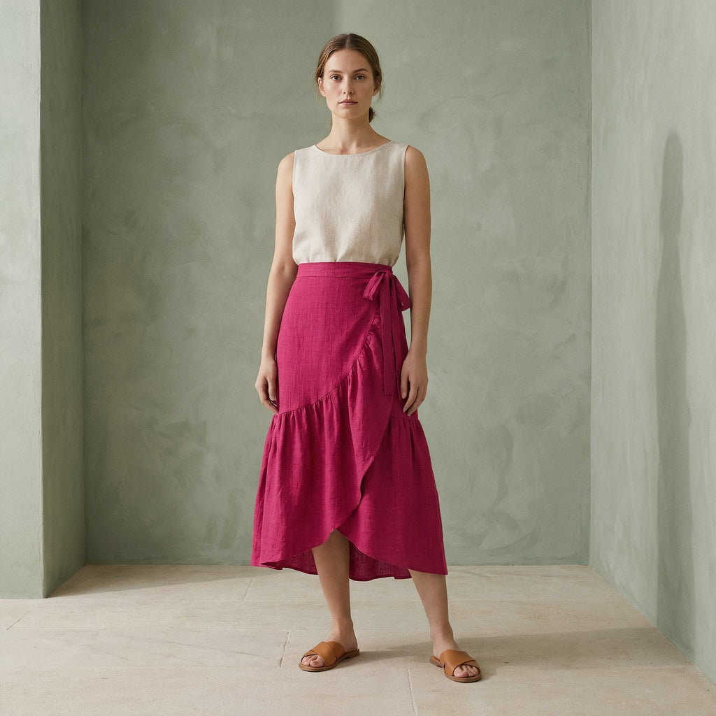 Pink Cotton Poplin Ruffle Midi Wrap Skirt