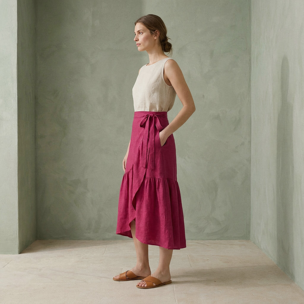 Pink Cotton Poplin Ruffle Midi Wrap Skirt