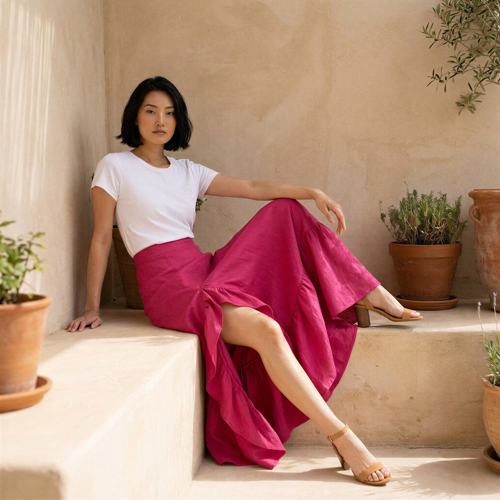 Pink Cotton Poplin Ruffle-Slit A-Line Maxi Skirt