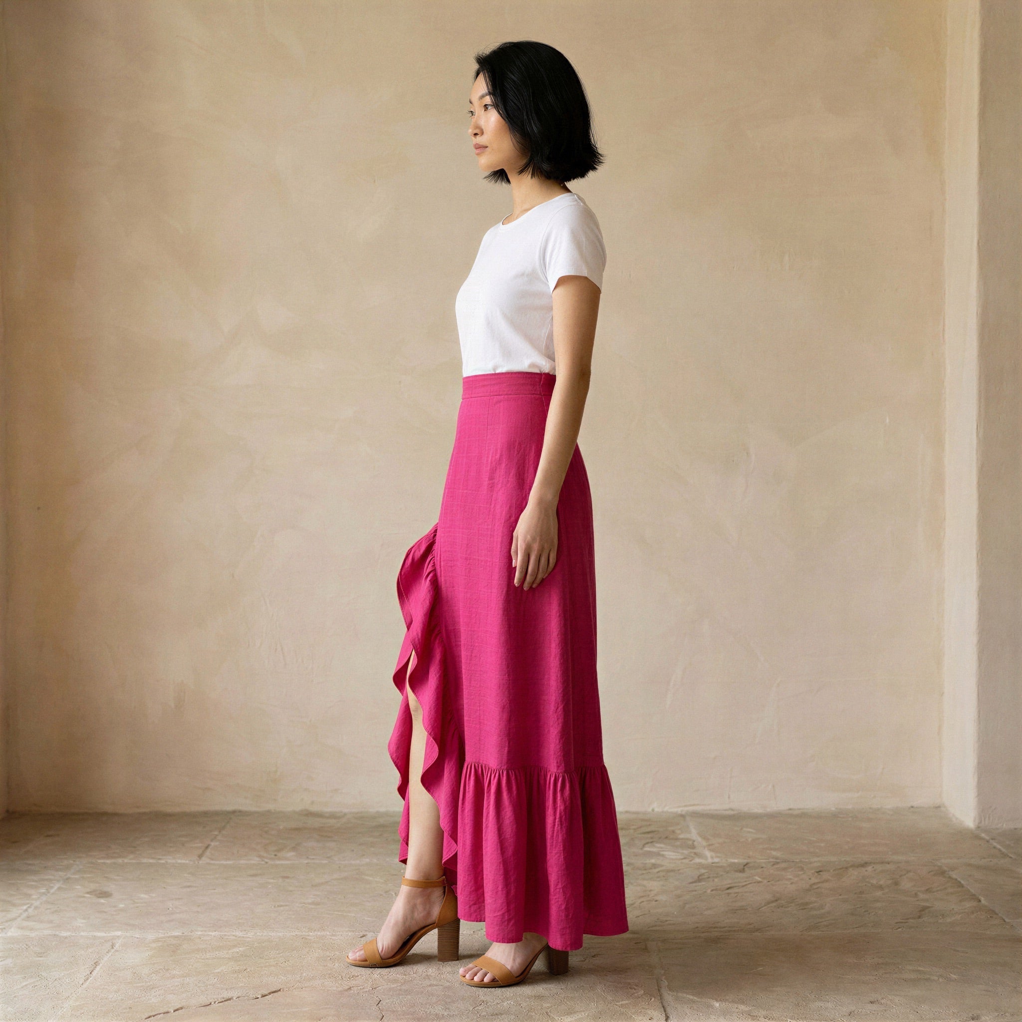 Pink Cotton Poplin Ruffle-Slit A-Line Maxi Skirt