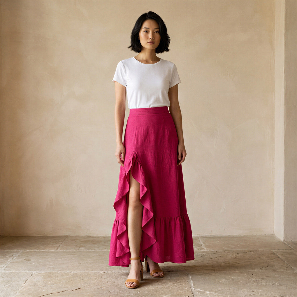 Pink Cotton Poplin Ruffle-Slit A-Line Maxi Skirt
